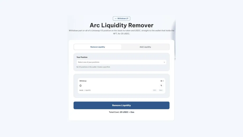 Arc Liquidity Remover de Smithii cómo remover liquidez en Arc: Arc Liquidity Remover de Smithii con la posición de Uniswap V3 y el porcentaje a retirar