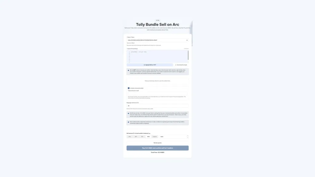 Tolly Bundle Sell de Smithii para vender un token de Tolly desde hasta 20 wallets y recibir USDC