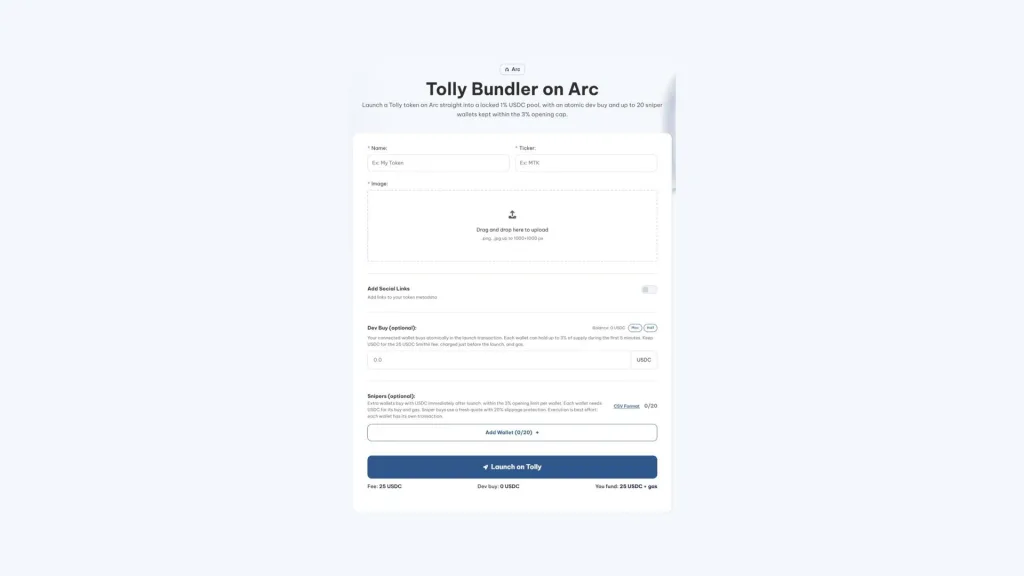 cómo lanzar un token en Tolly: Tolly Bundler de Smithii con la identidad del token, el dev buy y las wallets sniper