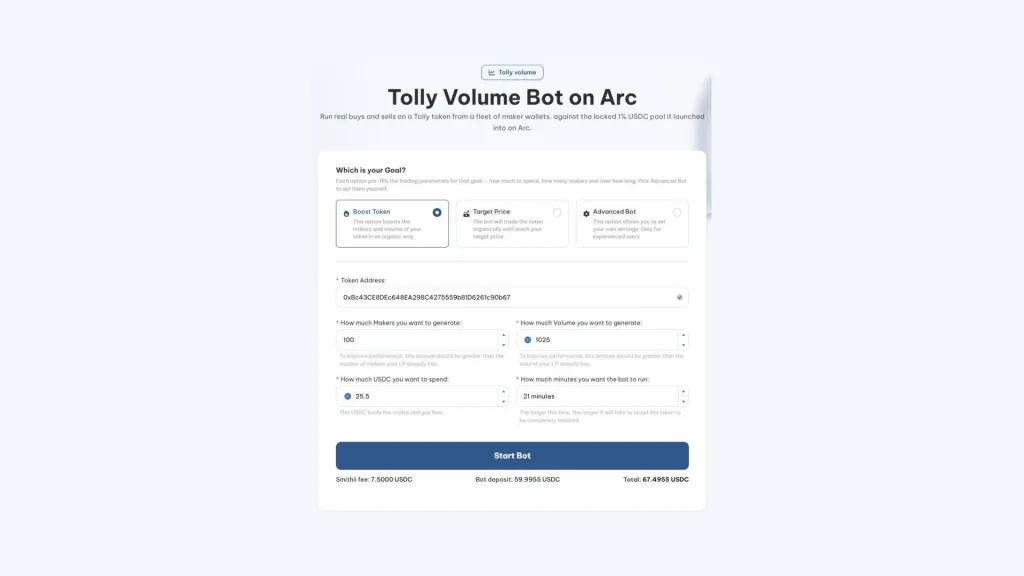cómo usar un volume bot en Tolly: Tolly Volume Bot de Smithii con el objetivo, los makers y el presupuesto en USDC