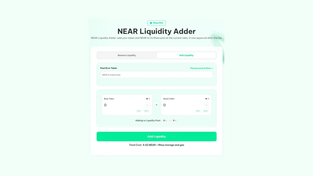 cómo añadir liquidez en NEAR: NEAR Liquidity Adder de Smithii con el Pool ID o el token y las cantidades de cada lado del par