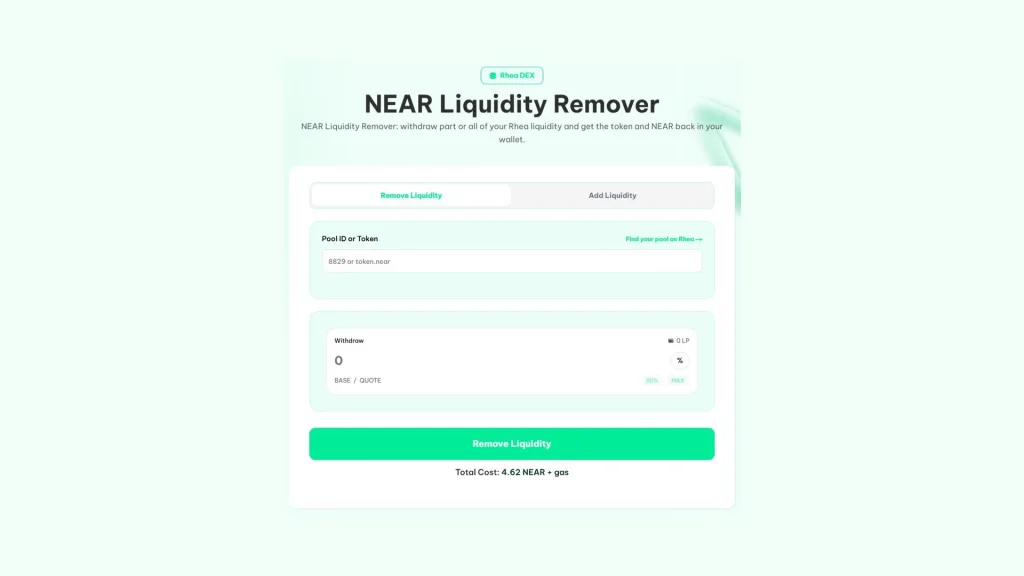 NEAR Liquidity Remover de Smithii cómo remover liquidez en NEAR: NEAR Liquidity Remover de Smithii con el Pool ID y el porcentaje de LP que vas a retirar