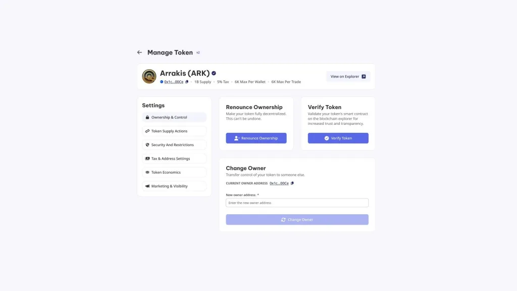 Token Manager de Smithii con las secciones de propiedad, supply, seguridad, tax, economía del token y visibilidad (imagen de referencia, la interfaz es la misma en todas las blockchains)