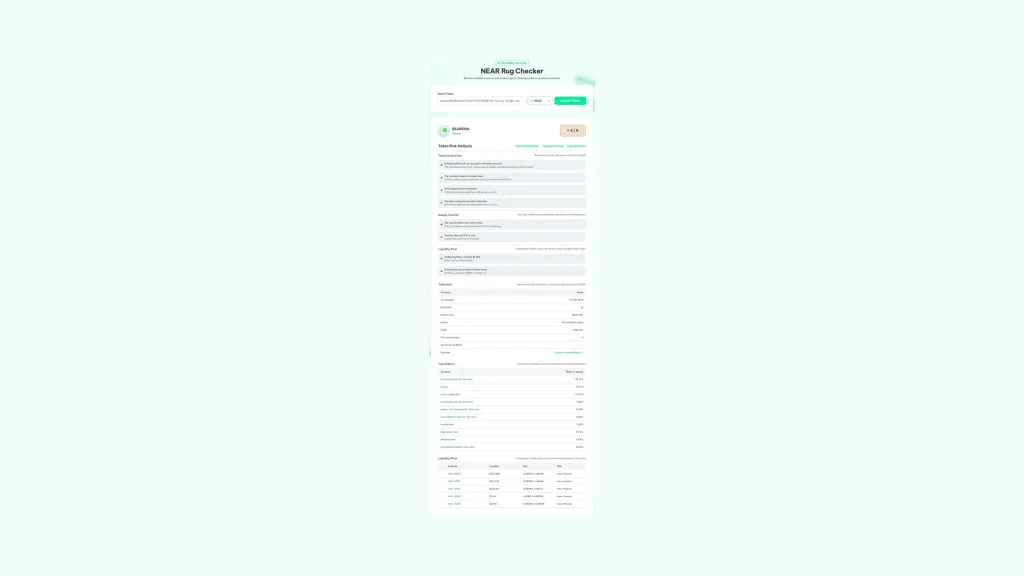 cómo saber si un token de NEAR es seguro: informe del NEAR Rug Checker de Smithii con autoridades, supply, liquidez y top holders