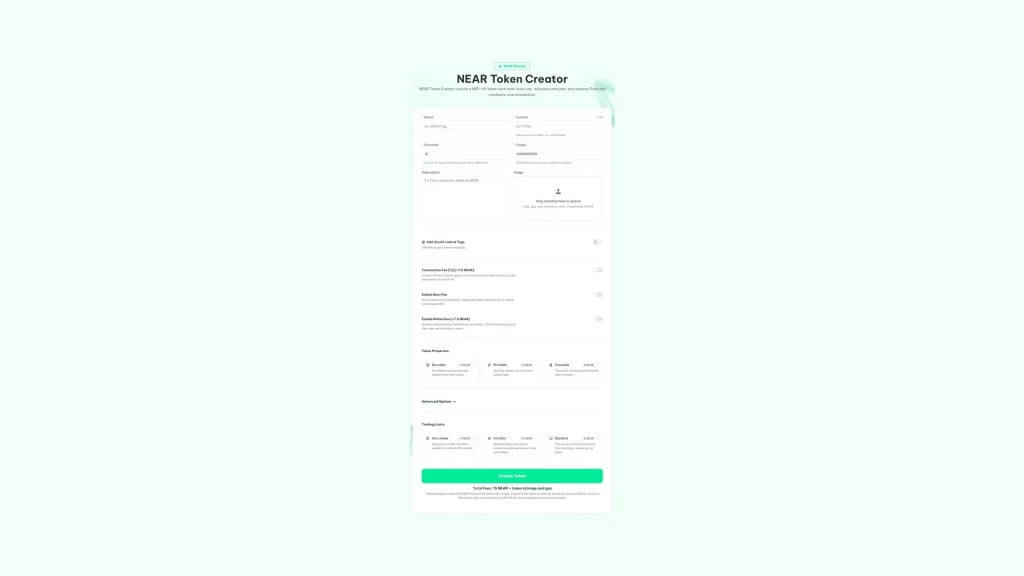 cómo crear un token en NEAR: formulario del NEAR Token Creator de Smithii con nombre, símbolo, decimales, supply y opciones del token