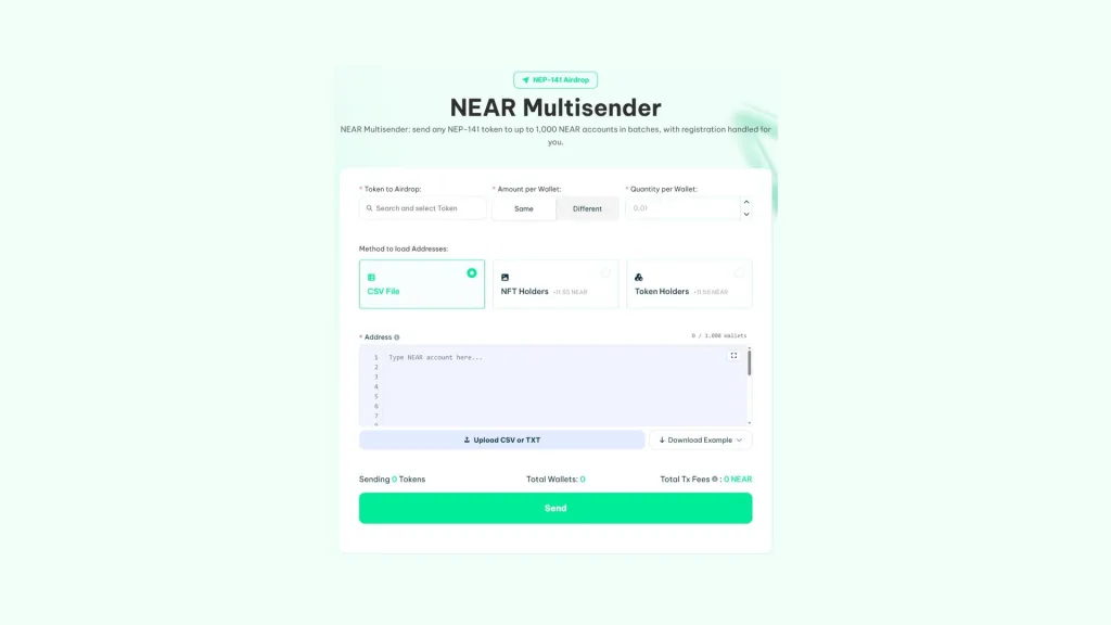 NEAR Multisender de Smithii cómo hacer un airdrop en NEAR: interfaz del NEAR Multisender de Smithii con el token, la cantidad por wallet y la lista de cuentas