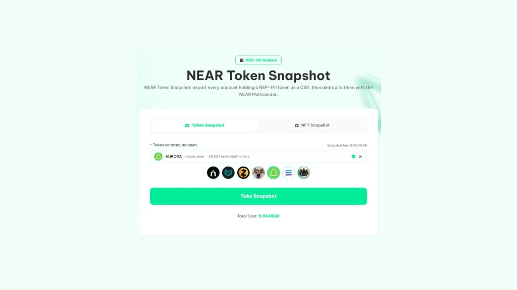 cómo hacer un snapshot de holders en NEAR: pestaña Token Snapshot de Smithii con la cuenta del token y la comisión del snapshot