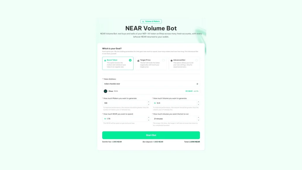 cómo generar volumen para un token en NEAR: NEAR Volume Bot de Smithii con los modos Boost Token, Target Price y Advanced Bot