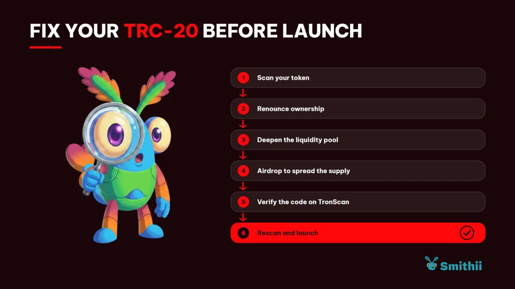 上线前修好你的 TRC-20 上线前修好你的 TRC-20:1. 扫描代币 2. 放弃所有权 3. 加深 liquidity pool 4. 做一次 airdrop 分散 supply 5. 在 TronScan 上验证代码 6. 重新扫描并上线
