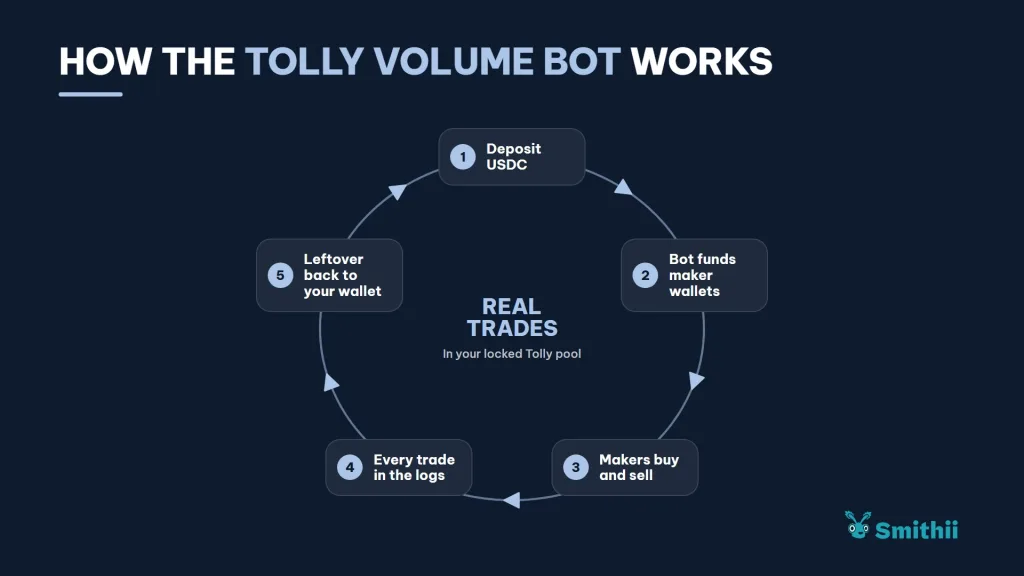 Cómo funciona el volume bot de Tolly: 1. Depositas USDC 2. El bot financia las wallets maker 3. Los makers compran y venden 4. Cada operación aparece en los logs 5. Lo que sobra vuelve a tu wallet. Operaciones reales en tu pool bloqueada de Tolly.
