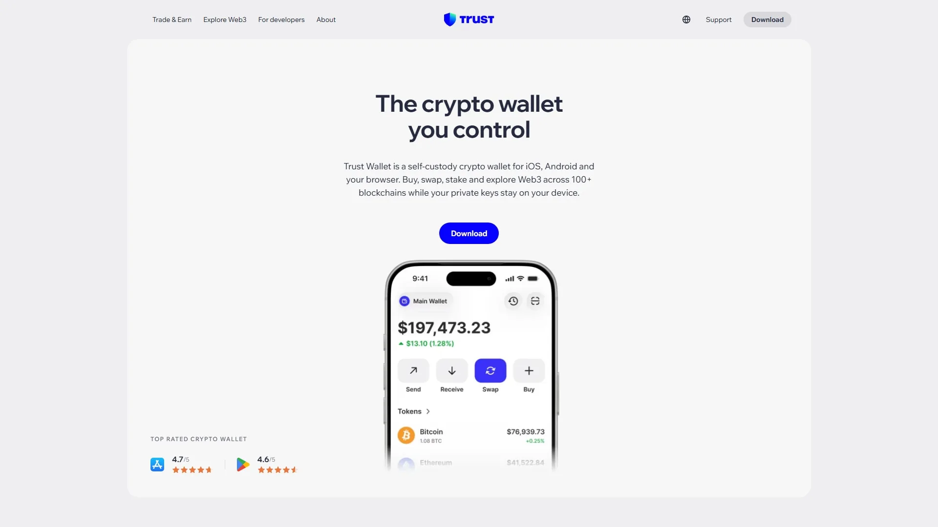 Trust Wallet homepage, the self-custody wallet from the Binance ecosystem